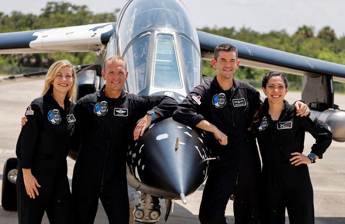 Anna Menon, Scott Poteet, commander Jared Isaacman and Sarah Gillis, crew members of Polaris Dawn, a private human spaceflight mission, attend a news conference at the Kennedy Space Center in Cape Canaveral, Florida, on August 19.