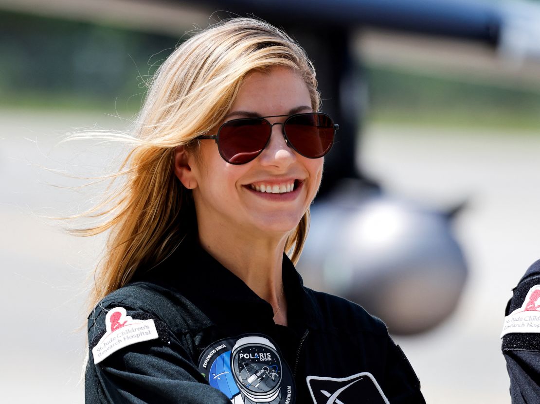 Polaris Dawn crew member Anna Menon speaks at a news conference at the Kennedy Space Center in Cape Canaveral, Florida, on August 19, 2024.