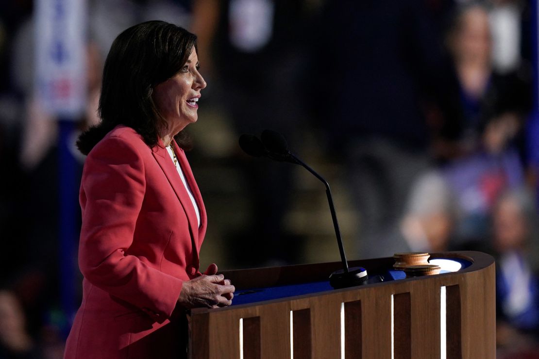 Hochul speaks at the Democratic National Convention in Chicago on August 19, 2024.