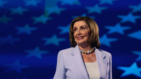 Rep. Nancy Pelosi akes the stage at the Democratic National Convention in Chicago, on August 21, 2024.