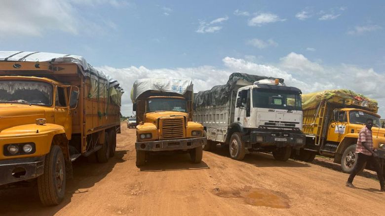 A handout image shows aid trucks with relief material for Sudan's Darfur region, at a location given as the border of Chad and Sudan, released on August 21, 2024.