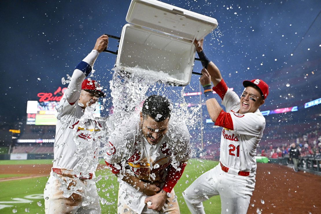 Arenado is doused after hitting a walk-off grand slam against the Milwaukee Brewers.