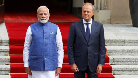 Indian Prime Minister Narendra Modi stands with Polish Prime Minister Donald Tusk at the Chancellery of the Prime Minister in Warsaw, Poland on Thursday.