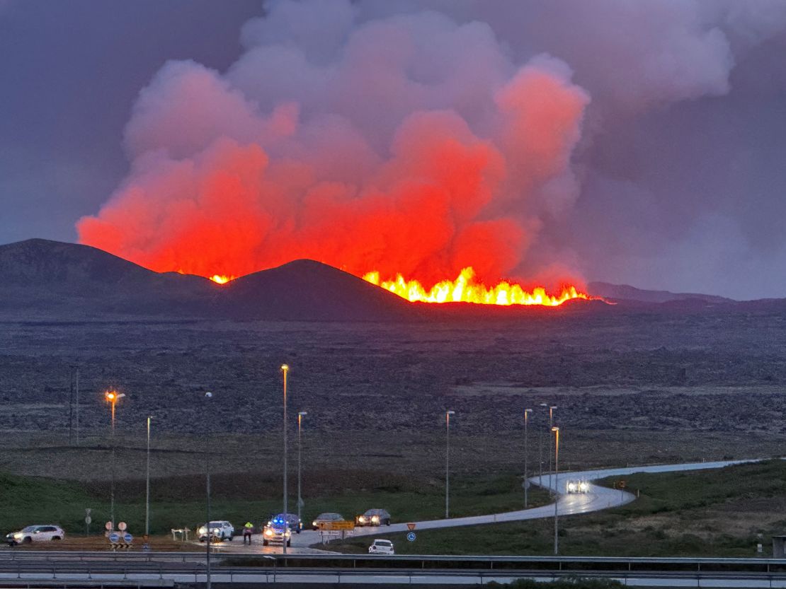 A volcano erupts near Vogar, Iceland on August 22, 2024.