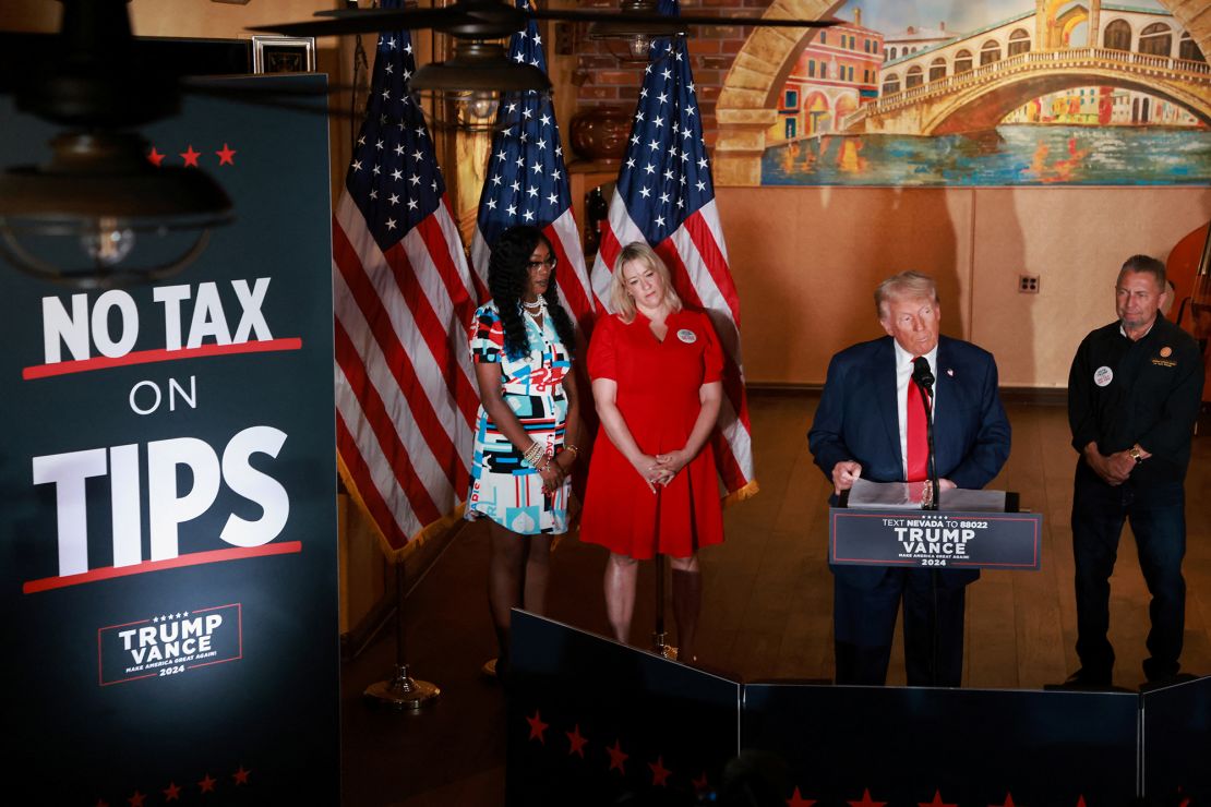 Donald Trump speaks during his "No Tax on Tips" campaign event in Il Toro E La Capra restaurant in Las Vegas, Nevada, on August 23, 2024.