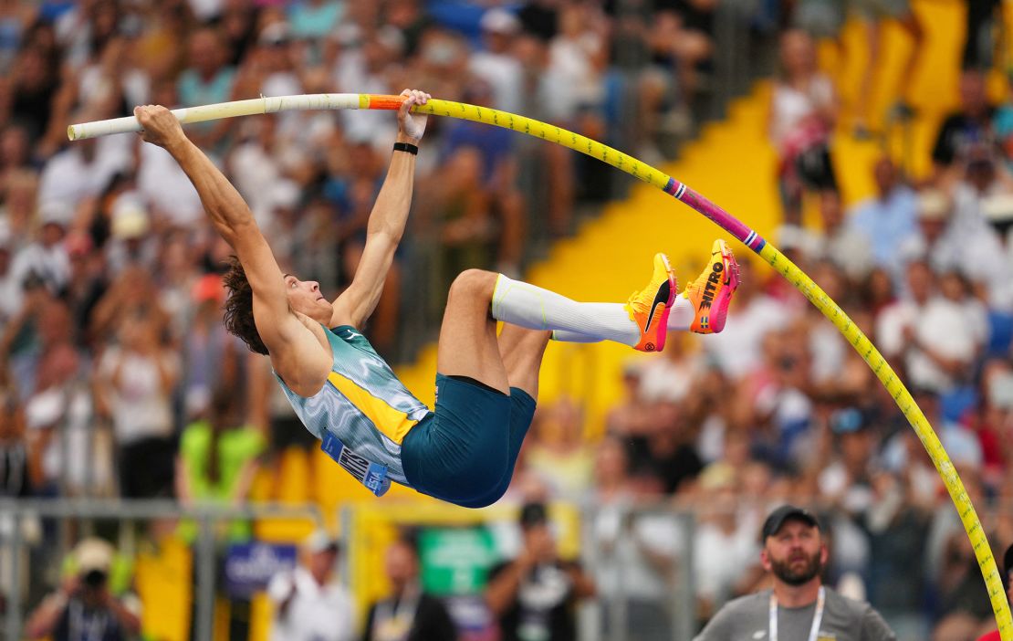 Duplantis competes in the pole vault at the Silesian Diamond League.