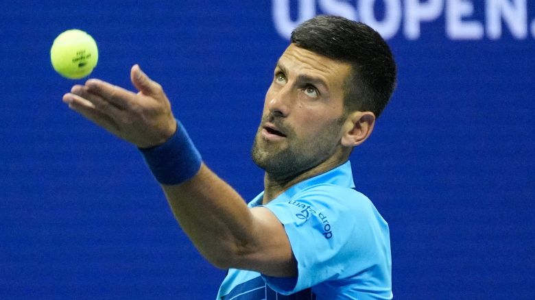 Aug 26, 2024; Flushing, NY, USA; Novak Djokovic of Serbia hits to Radu Albot of Moldova on day one of the 2024 U.S. Open tennis tournament at USTA Billie Jean King National Tennis Center. Mandatory Credit: Robert Deutsch-USA TODAY Sports