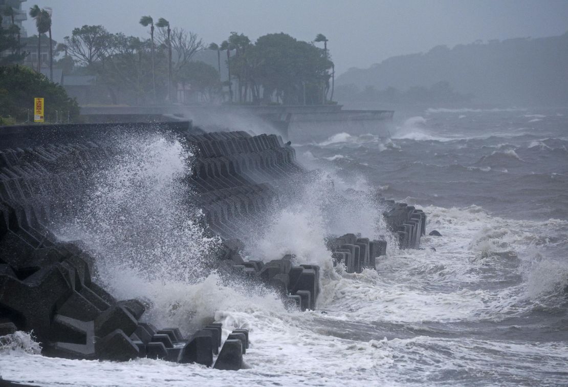 High waves are observed along the shore as Typhoon Shanshan approaches southwestern Japan in Ibusuki, Kagoshima prefecture, on August 28, 2024.