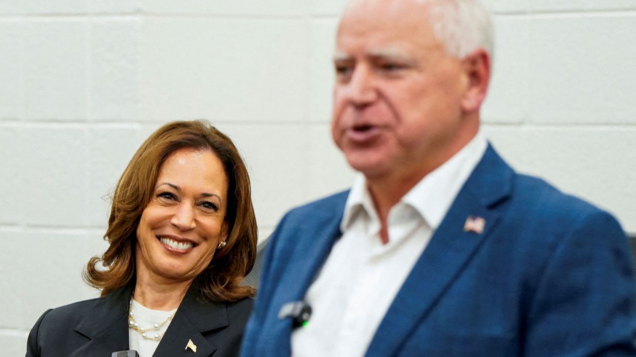 Vice President Kamala Harris and Minnesota Gov. Tim Walz visit Liberty County High School in Hinesville, Georgia, on August 28.