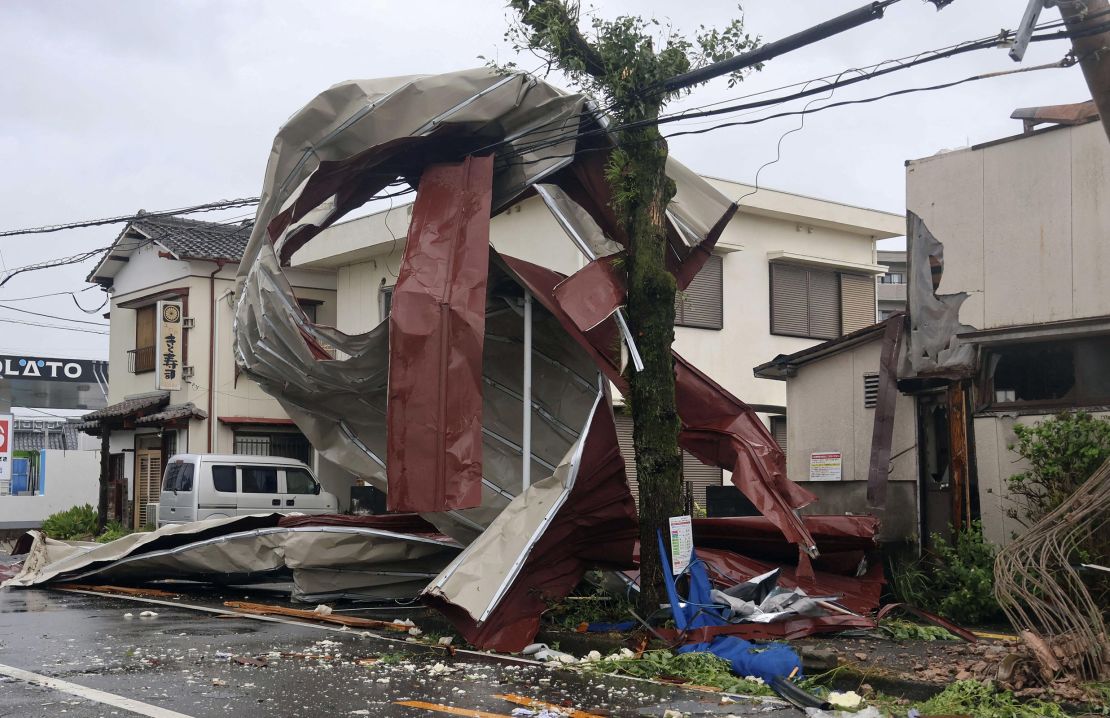 An object blown by strong winds caused by Typhoon Shanshan is stranded on a power line in Miyazaki, southwestern Japan, on August 29, 2024.