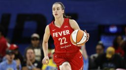 Aug 30, 2024; Chicago, Illinois, USA; Indiana Fever guard Caitlin Clark (22) brings the ball up court against the Chicago Sky during the first half at Wintrust Arena. Mandatory Credit: Kamil Krzaczynski-USA TODAY Sports