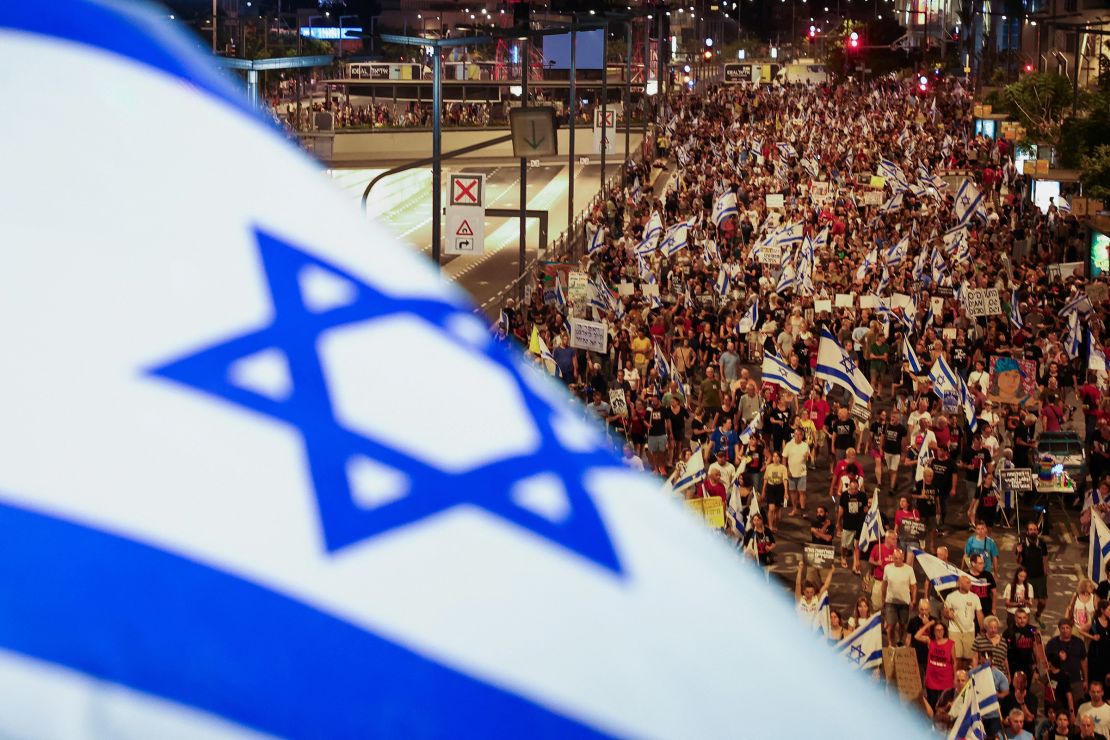 People demonstrate against Israeli Prime Minister Benjamin Netanyahu's government and to call for the release of hostages in Gaza, in Tel Aviv, Israel, on August 31, 2024.