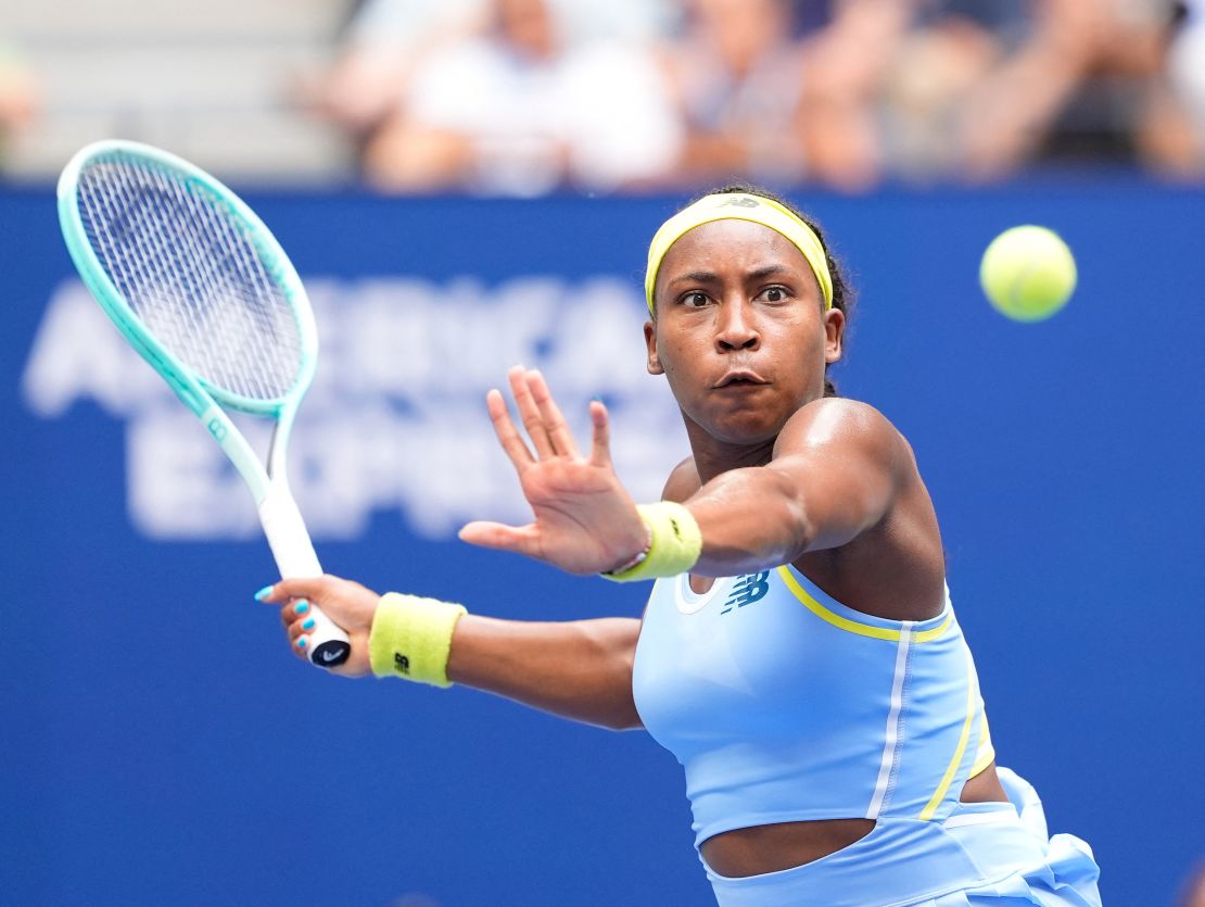 Sep 1, 2024; Flushing, NY, USA; Coco Gauff (USA) hits to Emma Navarro (USA) on day seven of the 2024 US Open tennis tournament at the USTA Billie Jean King National Tennis Center. Mandatory credit: Robert Deutsch-USA TODAY Sports