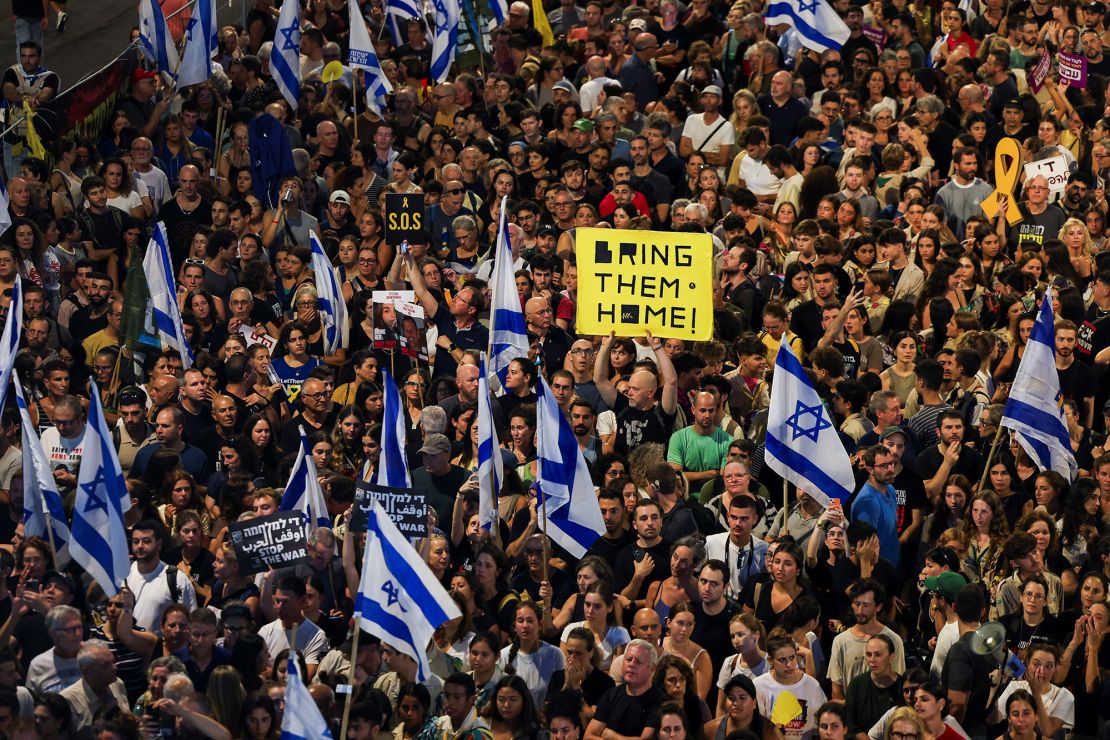 Israelis protest against the government and in support of the hostages, in Tel Aviv, Israel on Sunday.