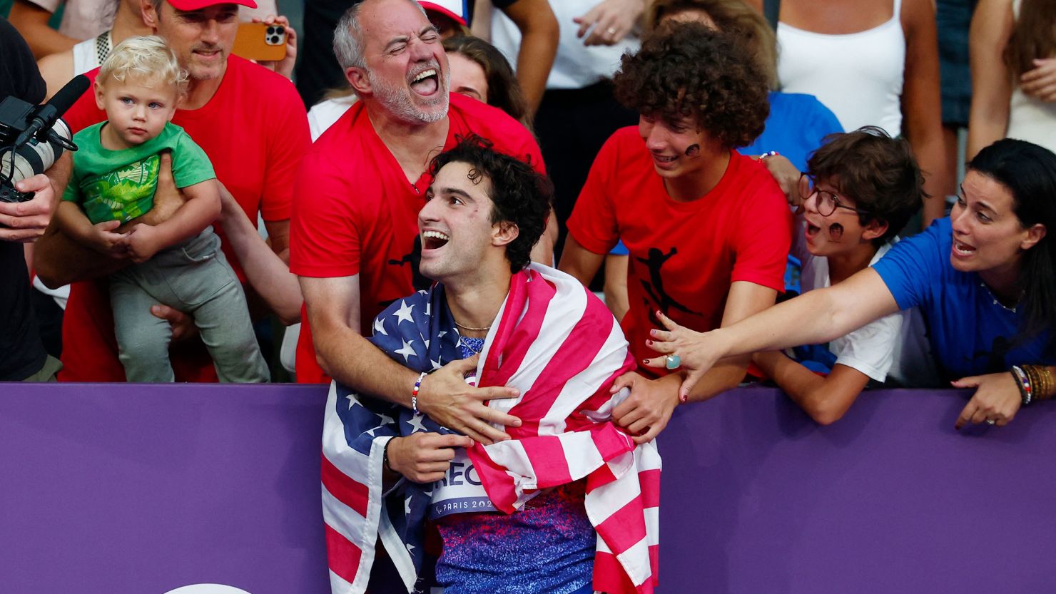 Ezra Frech of the United States celebrates after -- unexpectedly -- winning gold in the T63 100m.