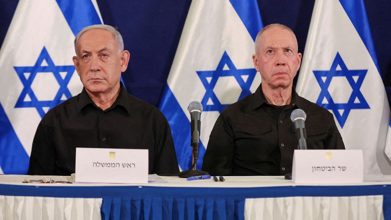 Israeli prime minister Benjamin Netanyahu, left, and Defense Minister Yoav Gallant attend a press conference in the Kirya military base in Tel Aviv, Israel, on October 28.