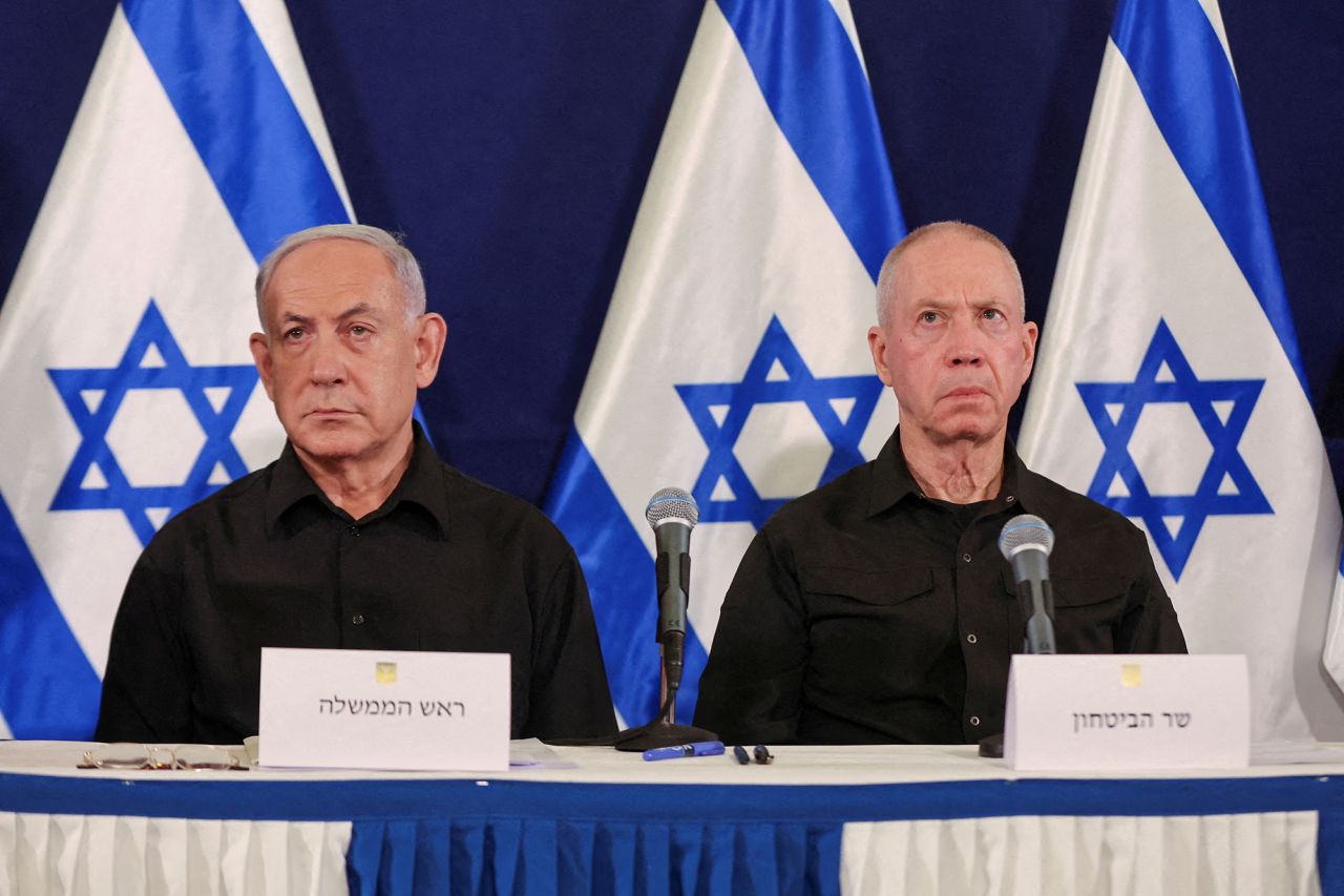 Israeli prime minister Benjamin Netanyahu, left, and Defense Minister Yoav Gallant during a press conference in the Kirya military base in Tel Aviv, Israel, on October 28, 2023.