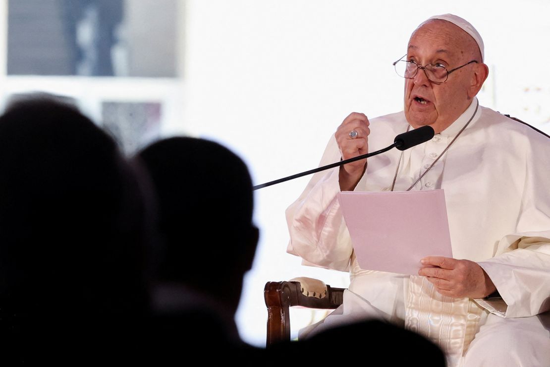 Pope Francis speaks at an inter-religious meeting at the Istiqlal Mosque in Jakarta, Indonesia, on September 5, 2024.