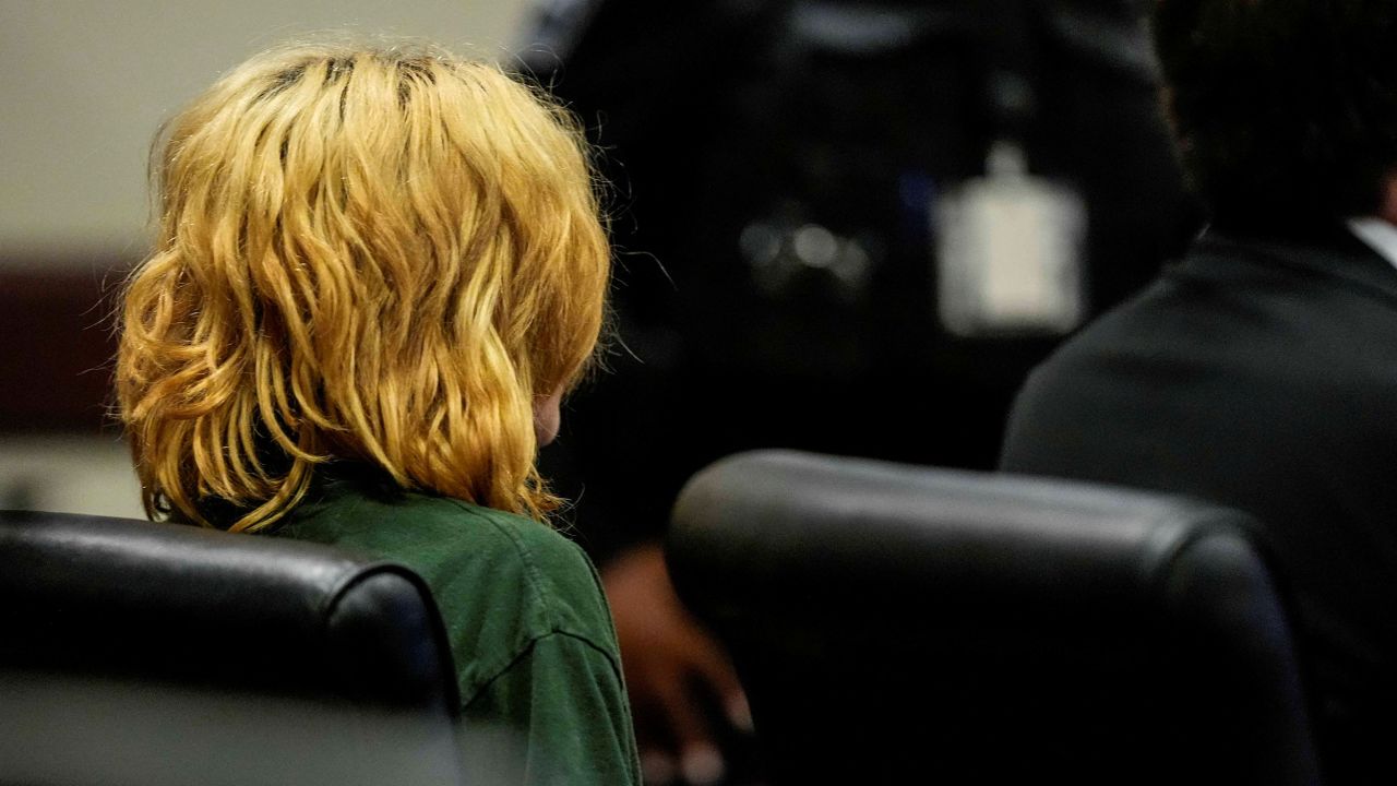 Colt Gray, who is charged as an adult with four counts of murder in the deaths of Mason Schermerhorn and Christian Angulo, both 14, Richard Aspinwall, 39, and Cristina Irimie, 53 sits in the Barrow County courthouse during his first appearence for the Wednesday shooting at Apalachee High School, in Winder, Georgia, U.S., September 6, 2024.     Brynn Anderson/Pool via REUTERS