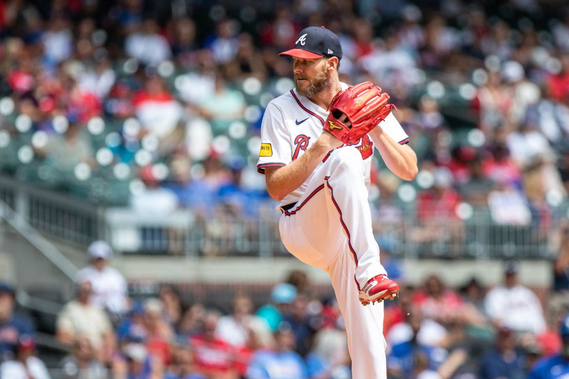 Sep 8, 2024; Cumberland, Georgia, USA; Atlanta Braves pitcher Chris Sale (51) pitches the ball against Toronto Blue Jays during second inning at Truist Park. Mandatory Credit: Jordan Godfree-Imagn Images