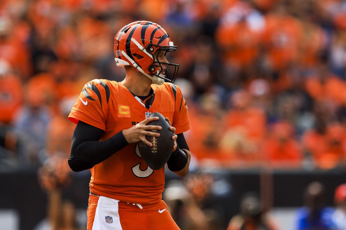 Sep 8, 2024; Cincinnati, Ohio, USA; Cincinnati Bengals quarterback Joe Burrow (9) plays the field against the New England Patriots in the second half at Paycor Stadium. Mandatory Credit: Katie Stratman-Imagn Images