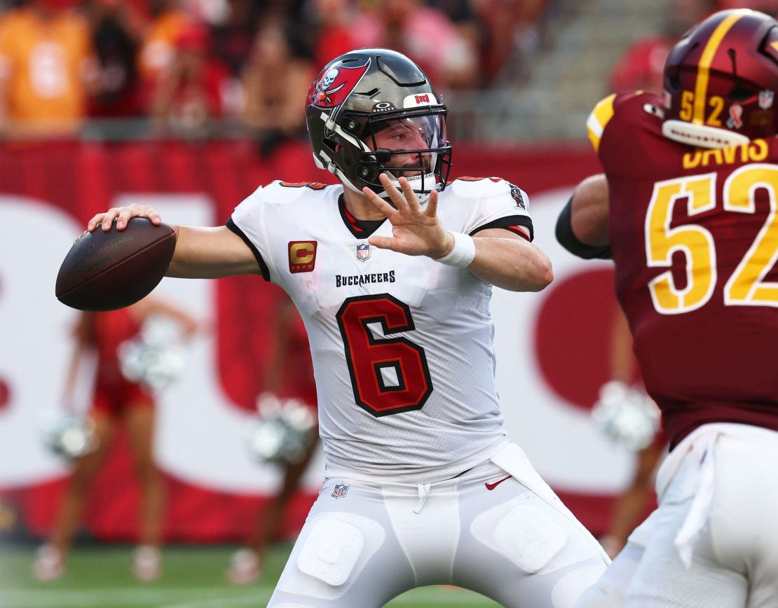 September 8, 2024; Tampa, Florida, USA; Tampa Bay Buccaneers quarterback Baker Mayfield (6) throws the ball during the second half against the Washington Commanders at Raymond James Stadium. Mandatory photo credit: Kim Klement Neitzel-Imagn Images