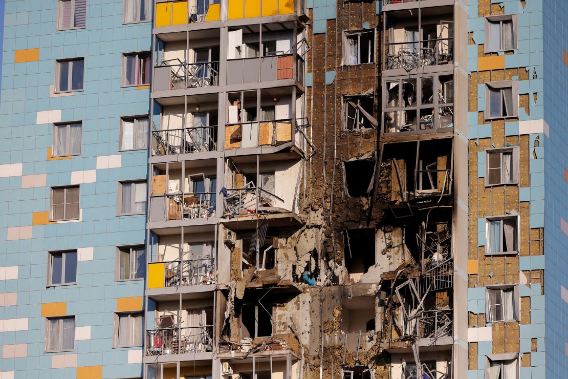 A damaged building in Ramenskoye in the Moscow region is seen following a Ukrainian drone attack.