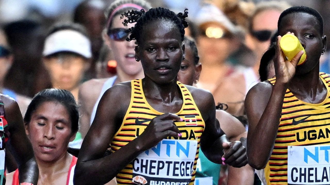 Uganda's Rebecca Cheptegei in action during the women's marathon final at the World Athletics Championship, Budapest, Hungary - August 26, 2023,