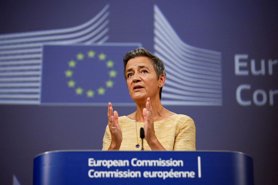 European Union antitrust chief Margrethe Vestager holds a press conference in Brussels on September 10, 2024.