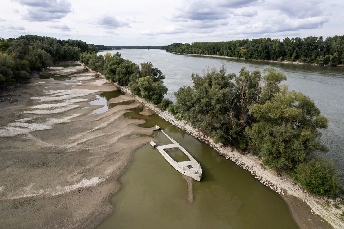 A drone image of a shipwreck near Mohacs, Hungary