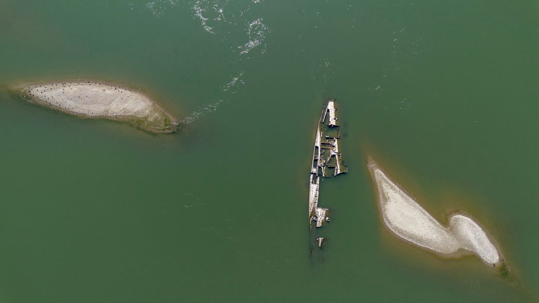 A drone image of a sunken warship