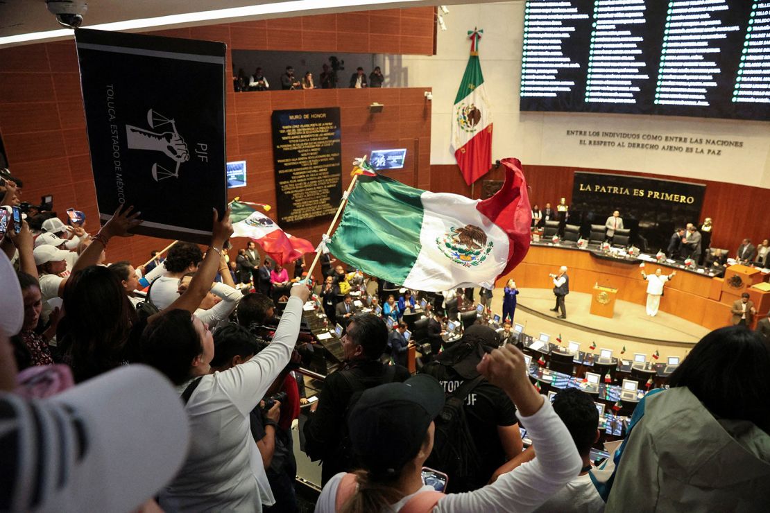 Protesters wave Mexican flags after entering the Senate building in Mexico City on September 10.