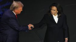 Republican presidential nominee, former U.S. President Donald Trump and Democratic presidential nominee, U.S. Vice President Kamala Harris shake hands as they attend a presidential debate hosted by ABC in Philadelphia, Pennsylvania, U.S.,  September 10, 2024 REUTERS/Brian Snyder