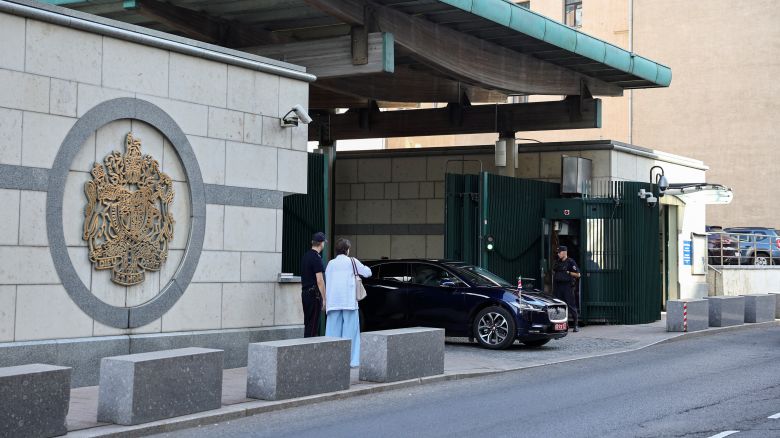 A car leaves Britain's embassy in Moscow on Friday.