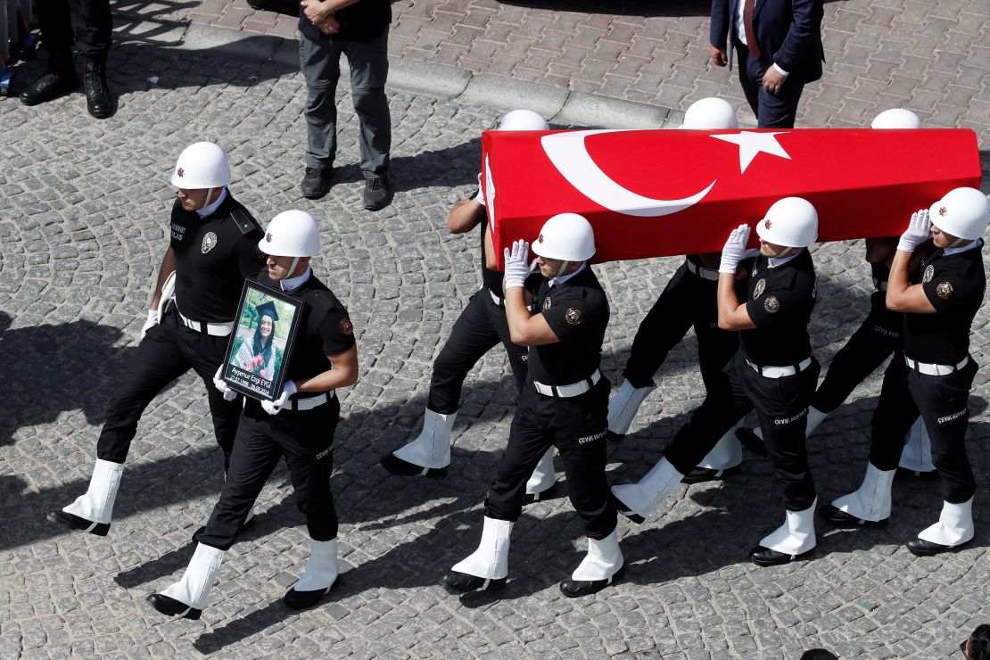 A guard of honour carries the Turkish flag-draped coffin of Aysenur Ezgi Eygi during her funeral ceremony in Didim.