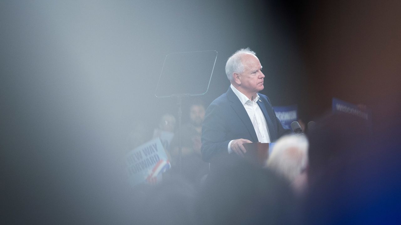 Democratic vice presidential nominee, Minnesota Governor Tim Walz delivers remarks at an election campaign event in Superior, Wisconsin, on September 14, 2024.