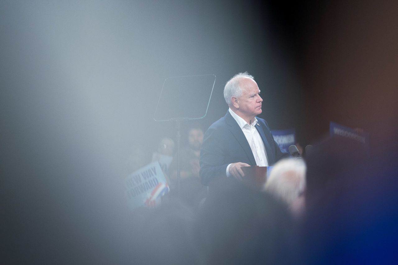 Minnesota Gov. Tim Walz delivers remarks at a campaign event in Superior, Wisconsin, on September 14.