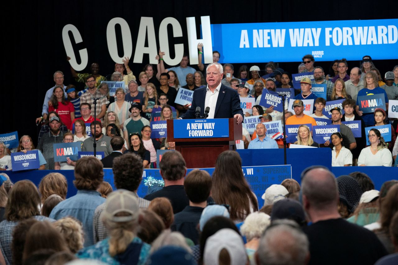 Gov. Tim Walz speaks at a campaign rally in Superior, Wisconsin, on September 14.