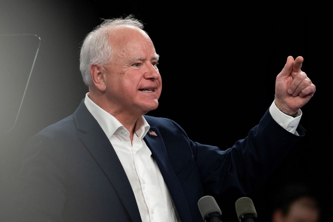 Tim Walz delivers remarks at an election campaign event in Superior, Wisconsin, on September 14.