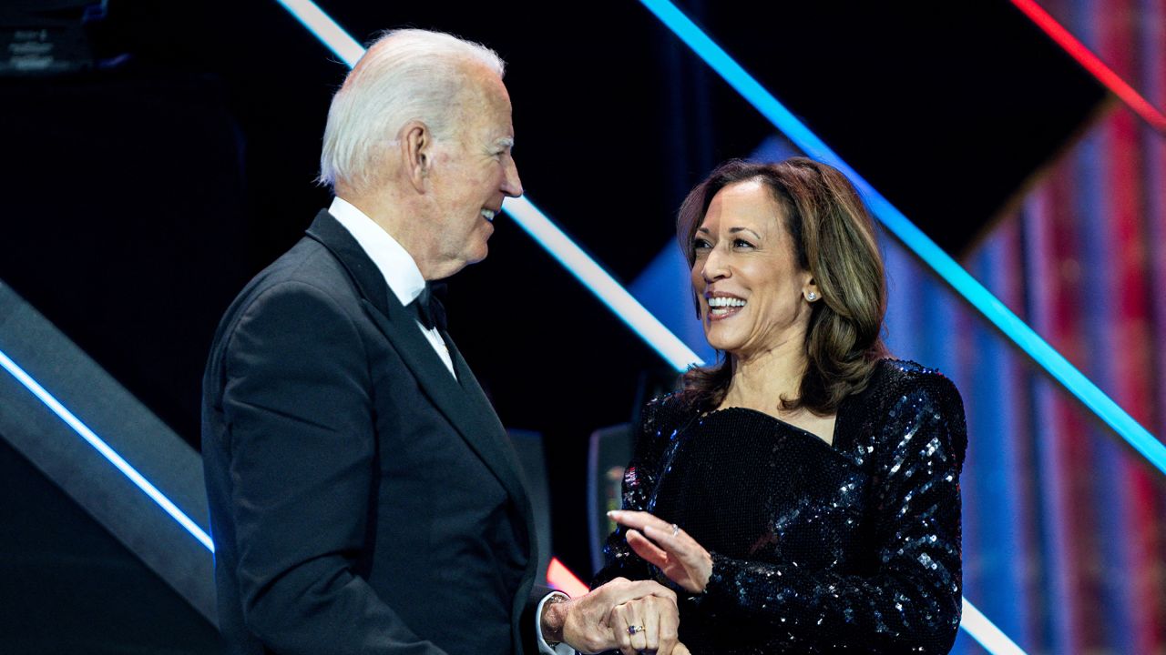 President Joe Biden greets Vice President Kamala Harris at the Congressional Black Caucus Foundation’s Phoenix Awards dinner in Washington, DC, on September 14.