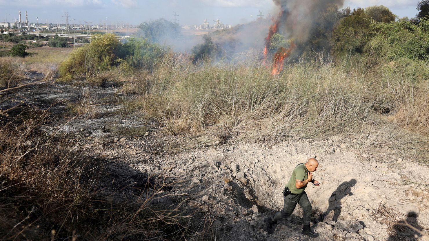 Smoke billows after a missile which the IDF says was launched from Yemen lands in central Israel on September 15, 2024.