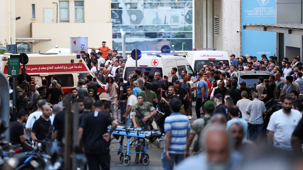 Ambulances arrive to American University of Beirut Medical Center (AUBMC) as more than 1,000 people, including Hezbollah fighters and medics, were wounded when the pagers they use to communicate exploded across Lebanon, according to a security source, in Beirut, Lebanon, on September 17.