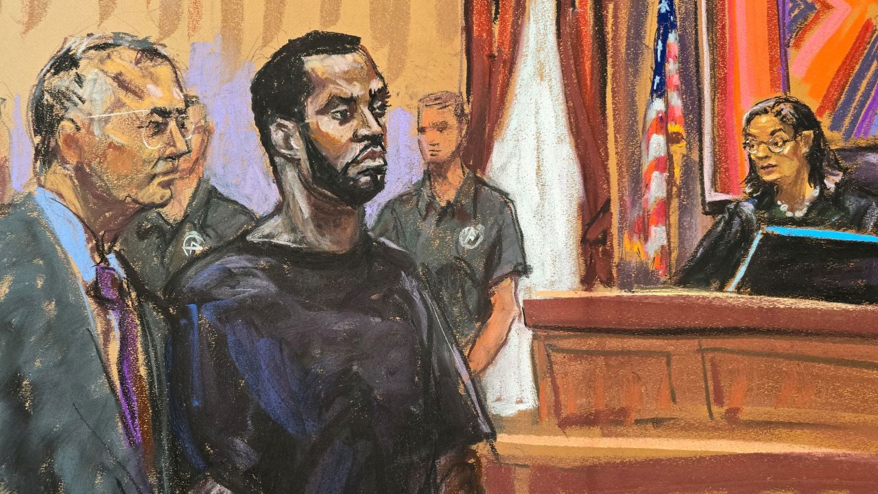 Sean "Diddy" Combs and his defense lawyer Marc Agnifilo stand before U.S. Magistrate Judge Robyn Tarnofsky after prosecutors brought three criminal charges against him in federal court in the Manhattan borough of New York City, U.S., September 17, 2024 in this courtroom sketch. REUTERS/Jane Rosenberg