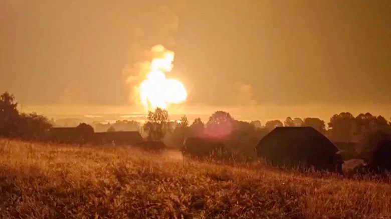 Flames rise during an explosion, amid the Russia-Ukraine conflict, in Toropets, Tver region, Russia in this screen grab obtained from a social media video released on September 18, 2024. Social Media/via REUTERS  THIS IMAGE HAS BEEN SUPPLIED BY A THIRD PARTY. NO RESALES. NO ARCHIVES.