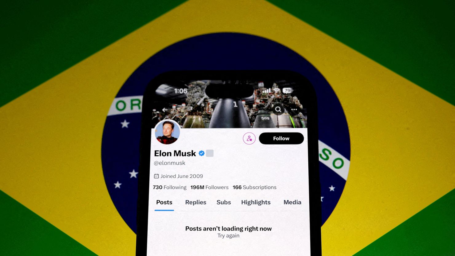 Elon Musk's X account is seen blocked on a cell phone screen in Brazil.