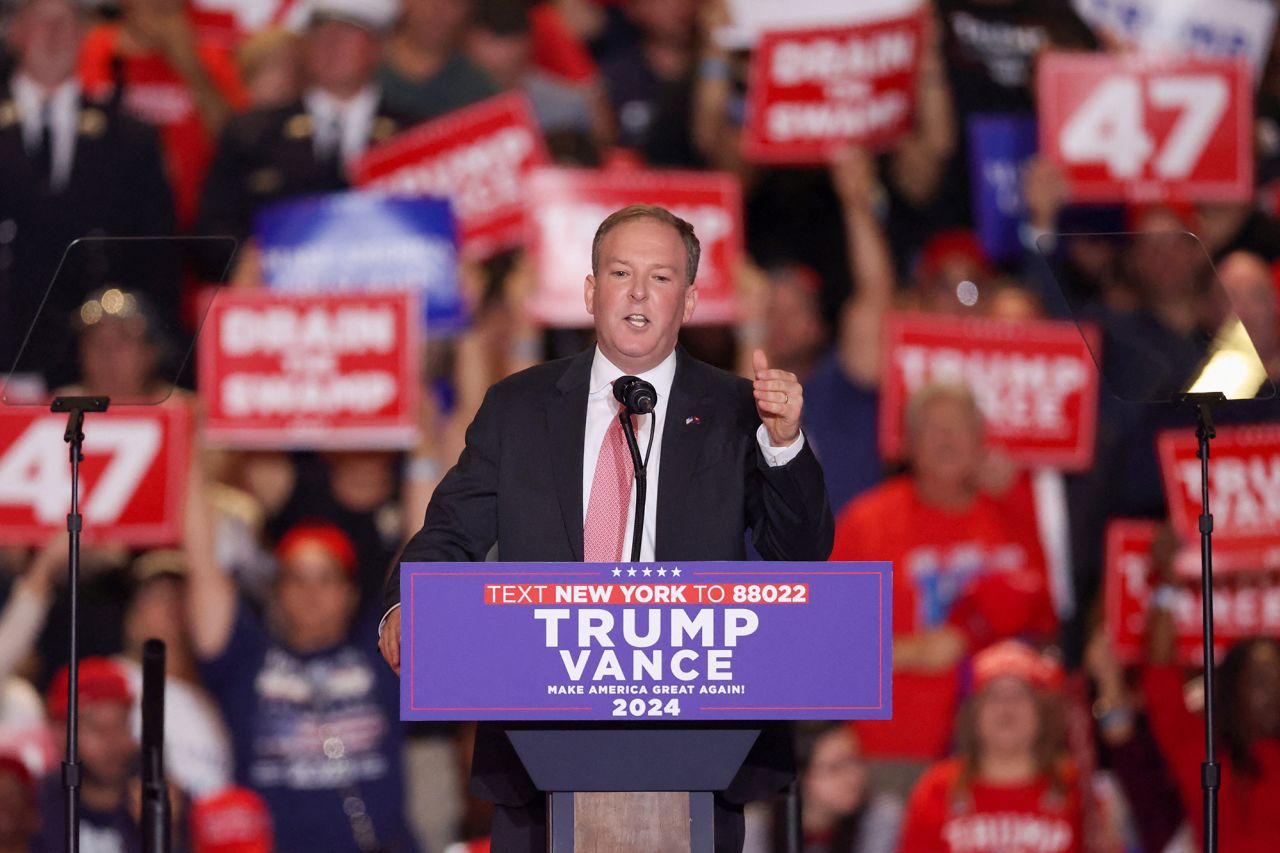 Lee Zeldin speaks at the Nassau Veterans Memorial Coliseum during a rally held by Republican presidential nominees in Uniondale, New York, on September 18.