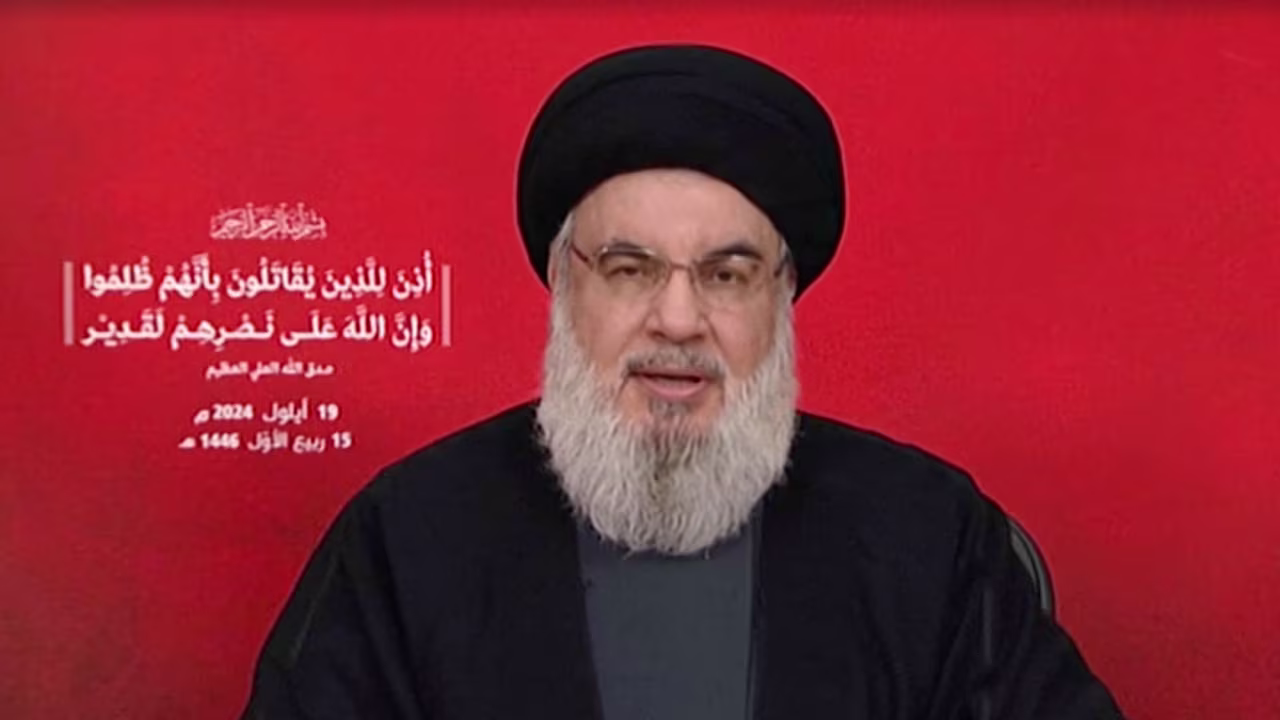 Hezbollah leader Hassan Nasrallah gives a televised address in Lebanon on September 19, in this screenshot taken from a video.