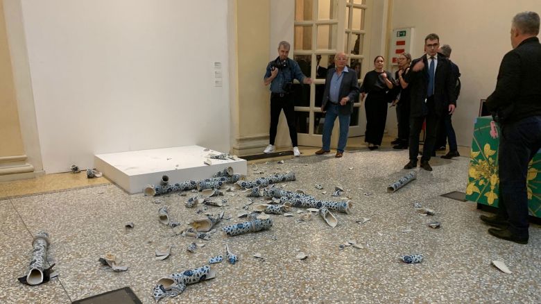 'Porcelaine Cube' by artist Ai Weiwei is pictured after being destroyed by a man during the opening exhibition, in Bologna, Italy, on September 20, 2024.