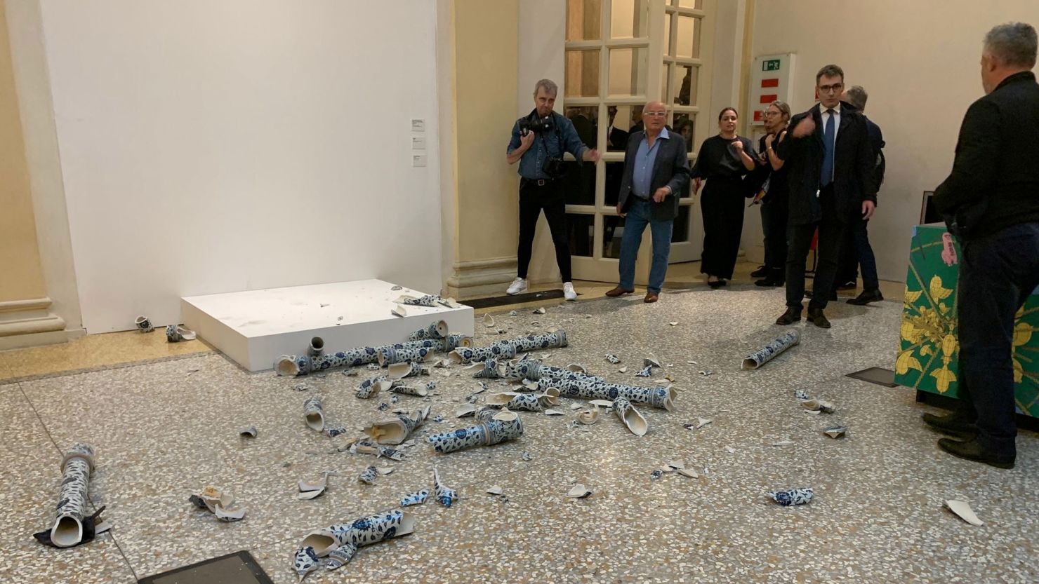 "Porcelain Cube" by artist Ai Weiwei is pictured after being destroyed by a man during the exhibition opening of "Who am I?" in Bologna, Italy on September 20, 2024.