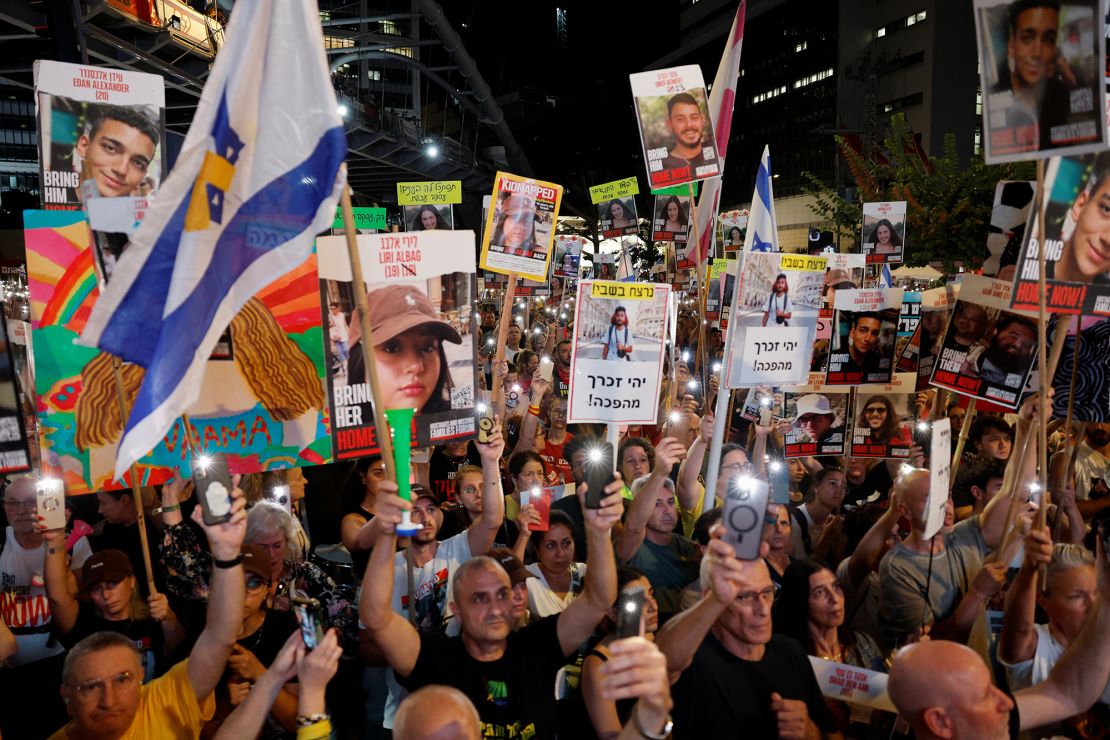 People attend a protest against the government and to show support for the remaining hostages in Tel Aviv, Israel on September 21.